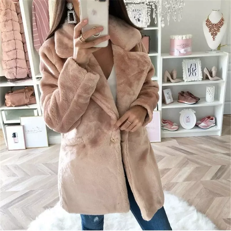 Warm Thickened Coats Women's Faux Fur Coats Solid Color Plush Lapel Clothes Mid Length Winter 2021 Soft Furry Coats New