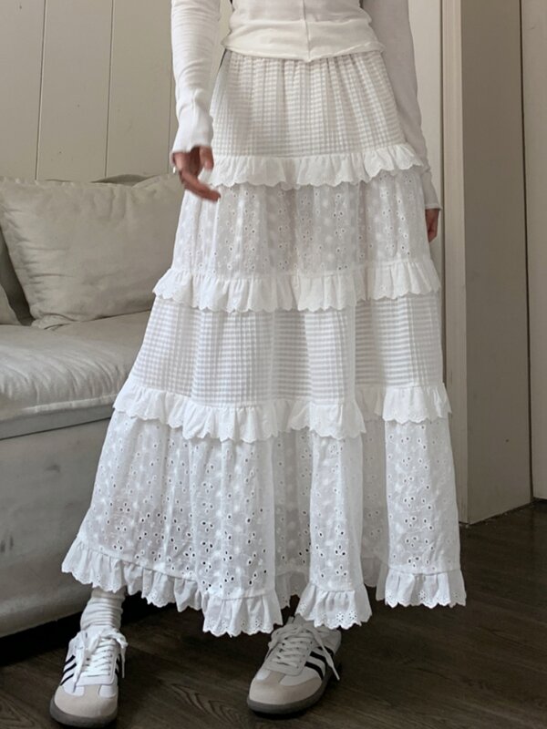 Женская кружевная юбка с рюшами, однотонная белая винтажная длинная юбка с высокой талией и рюшами, весна-лето 2023