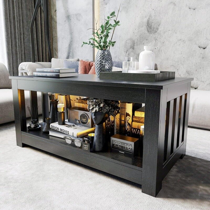 Meja kopi hitam, meja kopi kayu untuk ruang tamu, meja kopi kecil persegi panjang 2 tingkat hitam, meja ruang tamu 38 inci