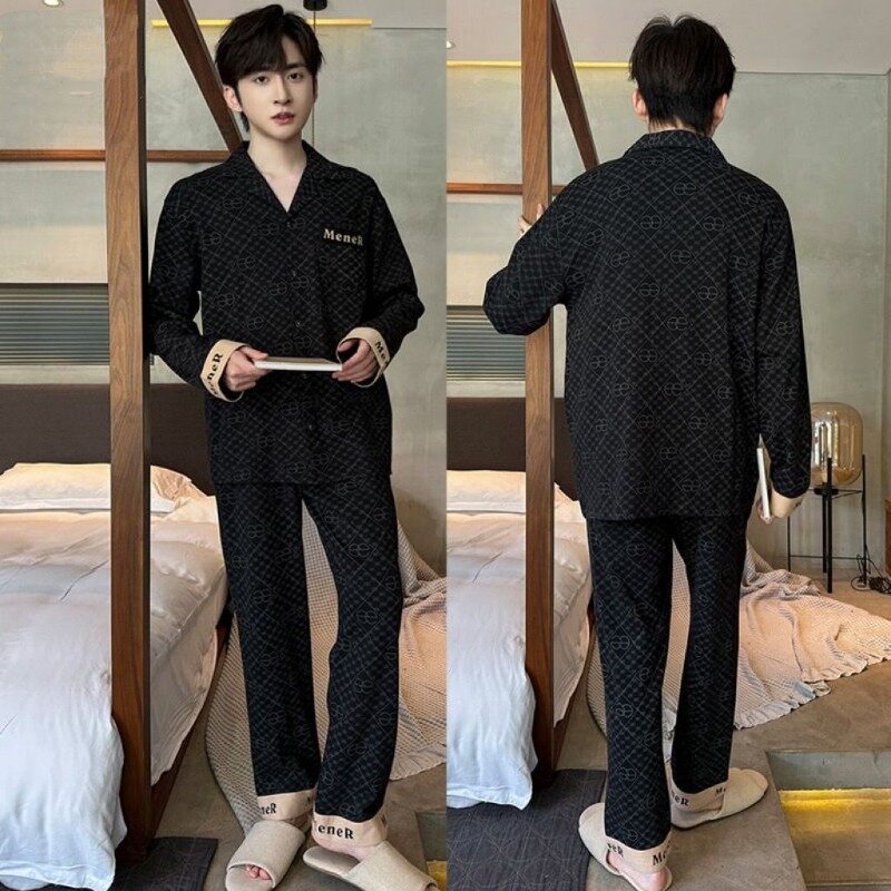 100% Cotton Pajamas Gentleman Spring Autumn Long Sleeve Korean Version Lattice Loose Plus Size Cotton Loungewear Set Men Pajamas