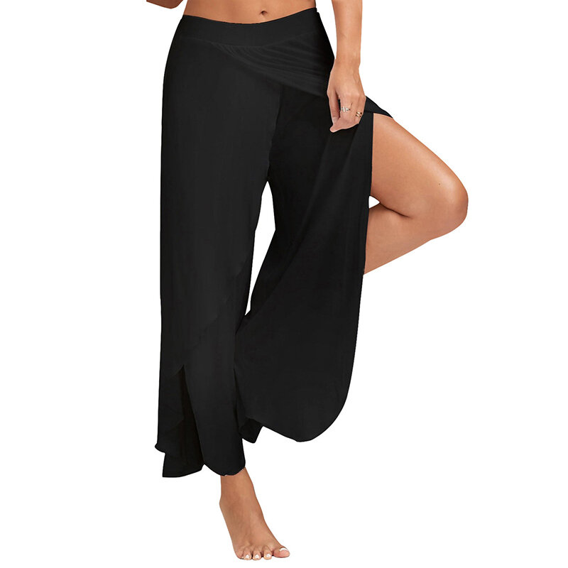 Celana Kaki Lebar Wanita Celana Panjang Split Yoga Fitness Longgar Celana Kaki Terbuka Mandala Celana Harem Aladdin Hippie Gypsy Nyaman