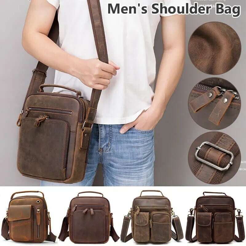 Mens Shoulder Bags Crazy Horse Genuine Leather Retro Travel Crossbody Messenger Bag Men's Casual Fashion Business Bag