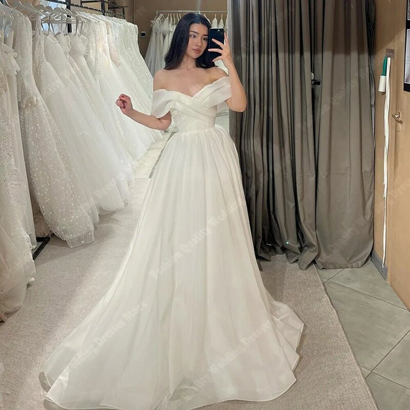 Gaun pernikahan wanita elegan bahu terbuka A-Line gaun pengantin tanpa lengan Tulle gaun pengantin panjang pel gaun pengantin