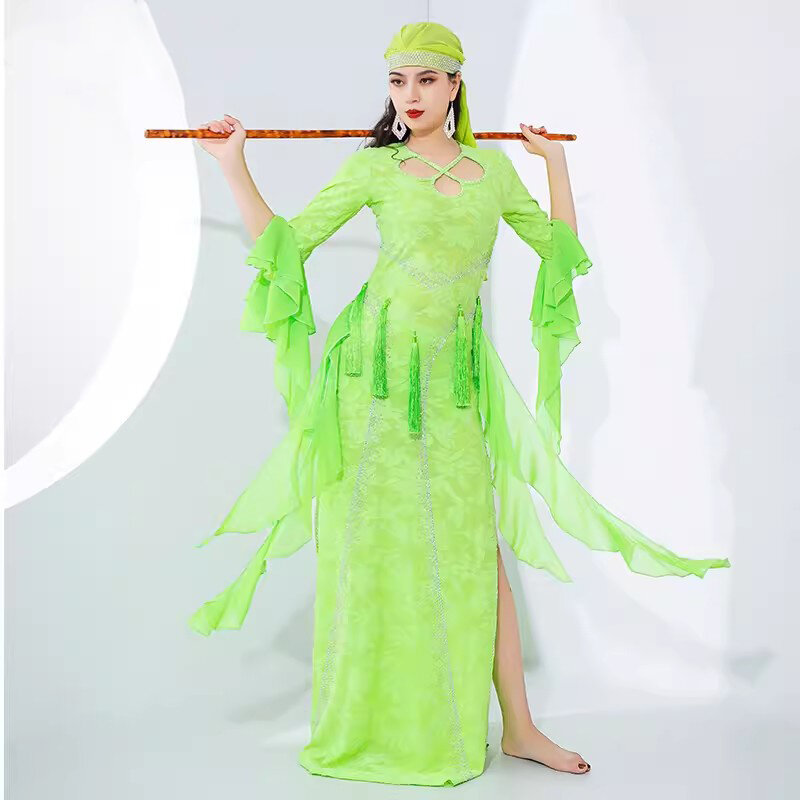 فستان مطاطي من قطعة واحدة مع هامش للرقص الشرقي ، رداء سايدي لأداء جماعي ، مسابقة الرقص الشعبي ، بدلة دانتيل زهور للفتيات