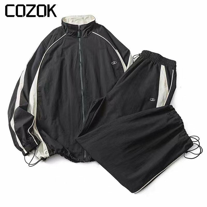 High Street Casual Sports Jacket Men Women Patchwork Stripe Embroidery Varsity Jacket + Straight Pants Black Thin Fashion Suit