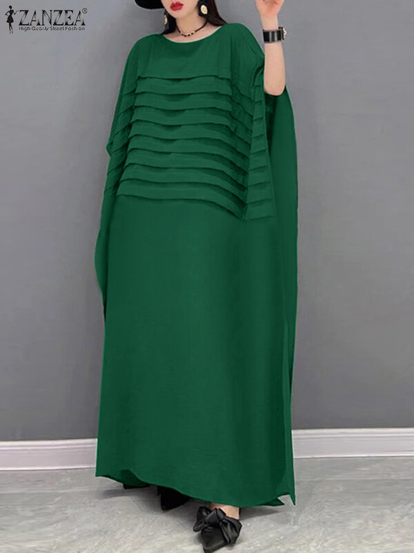 Duże moda ZANZEA Streetwear plisowane szaty damskie długa sukienka lato 3/4 rękaw luźne sukienka z okrągłym dekoltem Maxi Vestidos