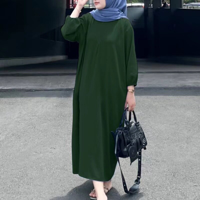 Moslim Mode Lente En Herfst Nieuwe Jurk Vrouwen Bubble Mouwen Effen Kleur Tank Top Robe Dubai Casual Losse Jurk