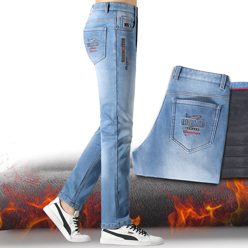 2022 nova calça jeans masculina forro de lã inverno quente moda casual qualidade superior reta perna solta estiramento tamanho grande 42 calças masculinas