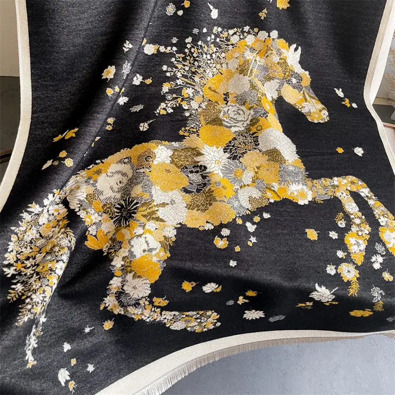 Luxury Horse Winter Cashmere Scarf for Women Design Warm Pashmina Shawl Wraps Bandana Female Thick Blanket Soft Bufanda Foulard