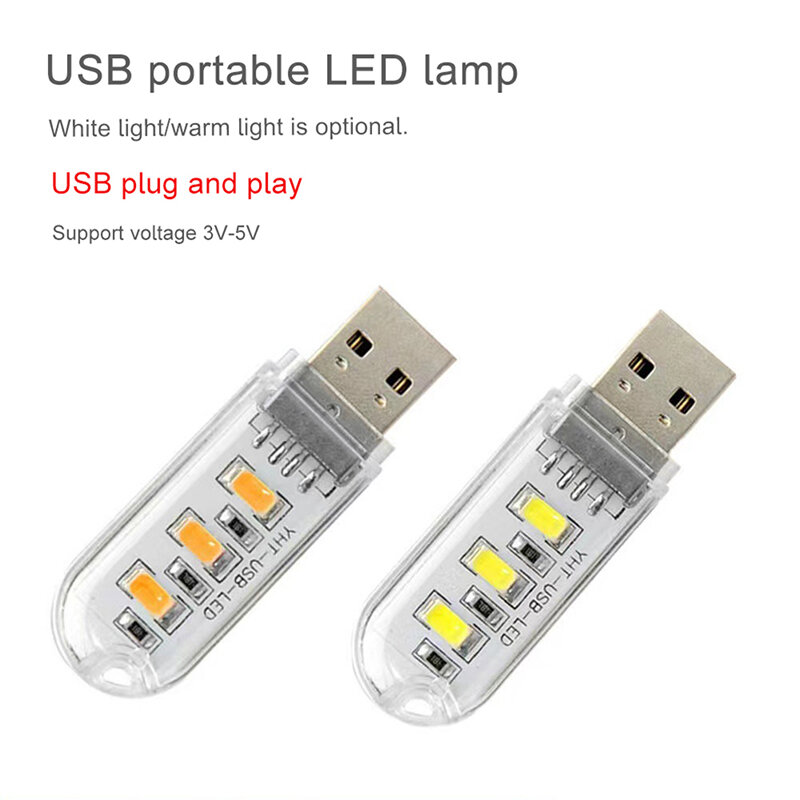 1pc USB LED light Mini Portable USB 3 LED Lamp 5V Power 3000K-7000K Night Light per Laptop Mobile Power Bank