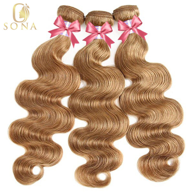 Brazilian Remy Body Wave Hair Extensions, 27 #, Honey Blonde Bundles, Cabelo Humano com Fechamento 4x4, 13x4 Frontal, Colorido, 3 Pacotes