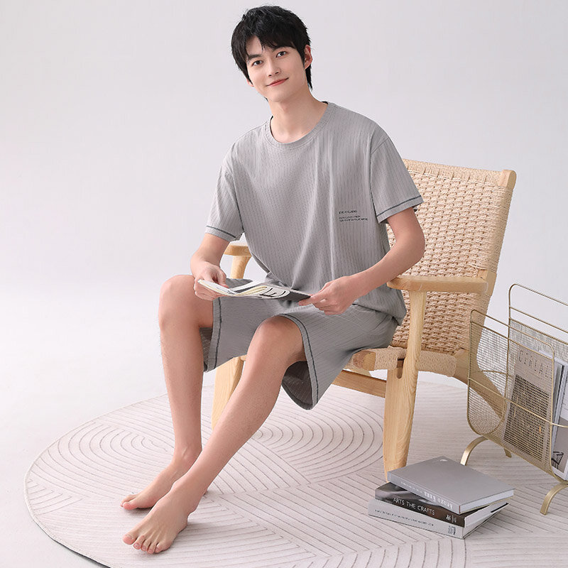 Summer Short Sleeve Cotton O-Neck Pajama Set for Men Soft Sleepwear Suit Male Lounge Wear Pyjamas Letter Homewear Home Clothes