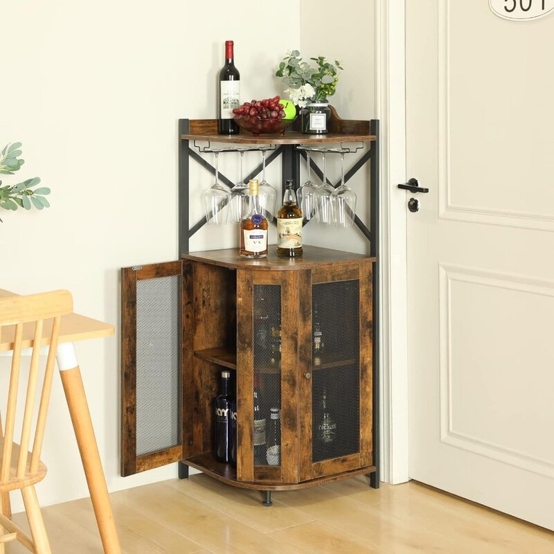 Armario de barra esquinero con soporte de vidrio, refrigerador de vino, Bar doméstico para almacenamiento de licor y vino, Marrón rústico, envío gratis