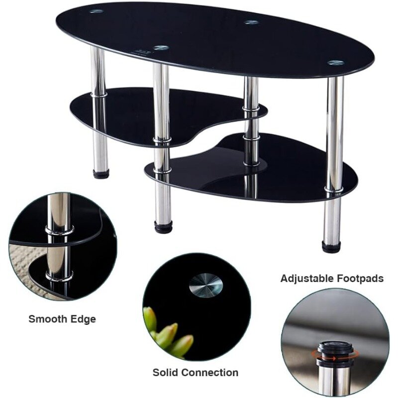 Ovaler Glas-Tee tisch für Büro, 3-stufiger moderner Couch tisch, Beistell tisch für Wohnzimmer (schwarz)