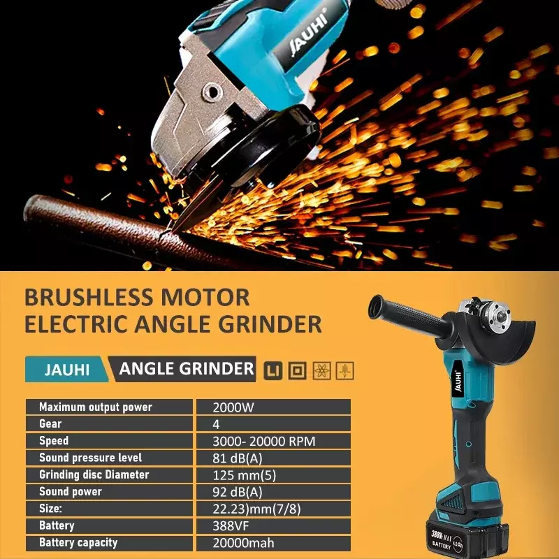 JAUHI 125MM 4 Gear Brushless Electric Angle Grinder Cutting Machine Power Tool with Makita 18V Battery for Decoration Tools