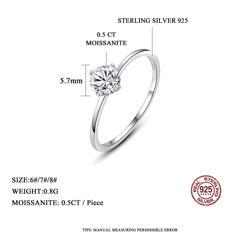 Thin Rings for Women 925 Silver Real Moissanite 0.5CT D Color VVS Classic 4 Prongs Engagement Girls Finger Ring Green Gift Box