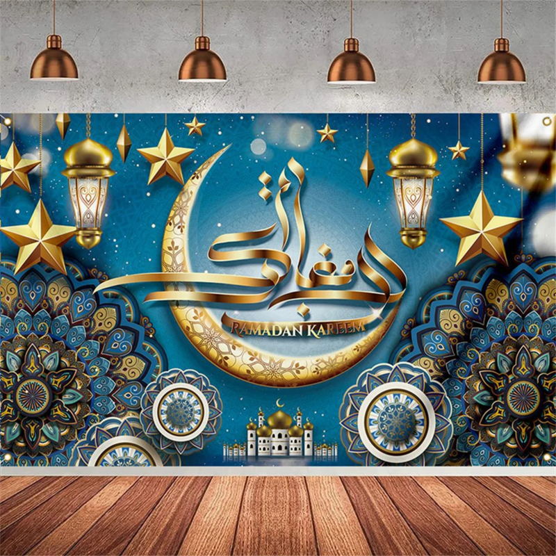 180x110cm Ramadan Festival Decor Hanging Flag Moon Row of Lights Holiday Party Photography Background Cloth,A