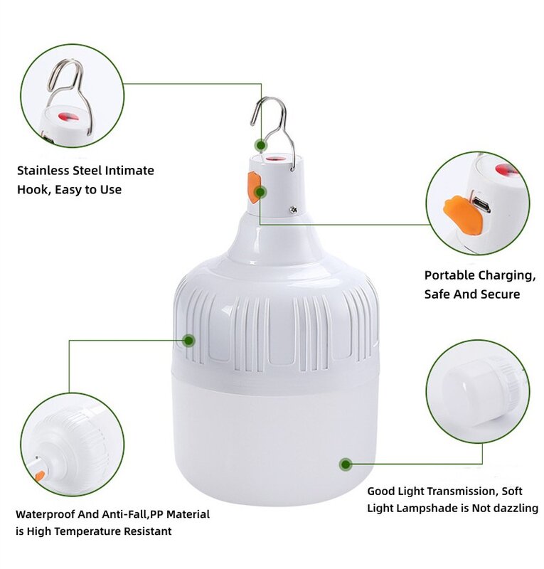 Bombilla LED recargable por USB, linterna portátil de luz nocturna, gancho de emergencia para exteriores, Camping, pesca, 40W, 60W, 80W