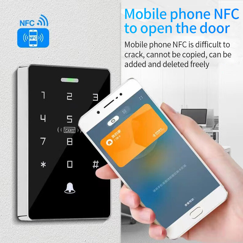 10000 Kapasitas Pengguna Tahan Air Lampu Latar Layar Sentuh RFID Keyfob Frekuensi Ganda Kontrol Akses Keypad NFC ID IC Kartu Pin Membuka Kunci