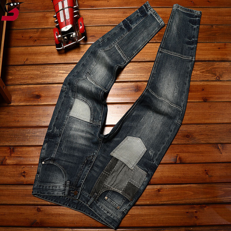 Mode Transport Motor Jeans Herrenmode Street Slim Fit Skinny Stretch lässig koreanischen Stil All-Match-Nähhose