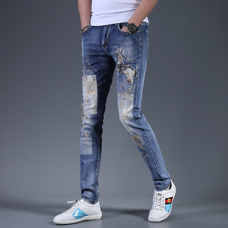 Jeans masculino slim fit estampado, roupa jeans, calça casual, pés de elástico, na moda, luxo, elegante, novo, 2024