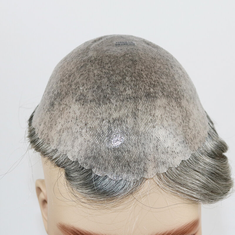 Серый парик из человеческих волос на полной основе из искусственной кожи для мужчин, прочные волосы, тонкая кожа, капиллярный протез, шиньоны