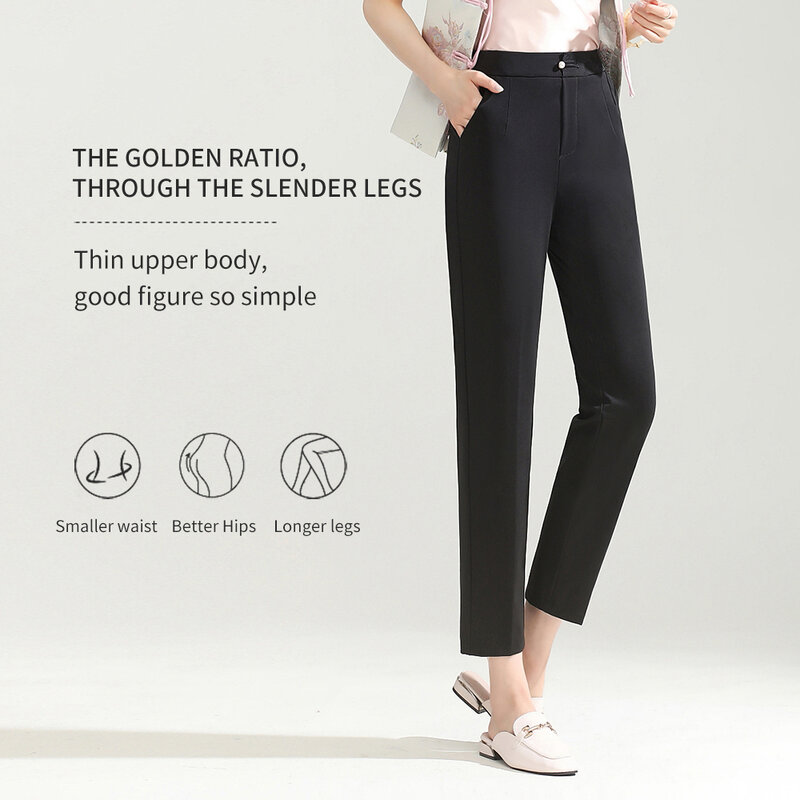 Calça casual feminina de nove pontos, calça reta respirável, adequada para primavera e verão, versão coreana, tendência da moda