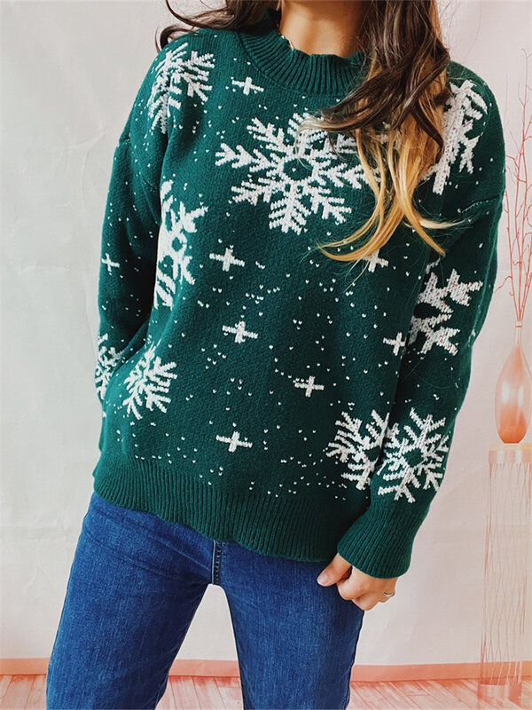 ヒリギン-女性のクリスマススノーフレークプリント長袖プルオーバー、暖かいknitwear、ベーシック、カジュアル、冬、秋のストリートウェア