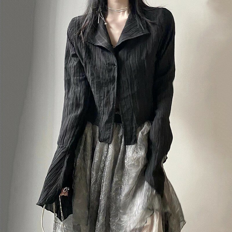 Karrram gótico preto camisa yamamoto estilo escuro estética blusa feminina irregular roupas de grife emo alt roupas grunge topos y2k
