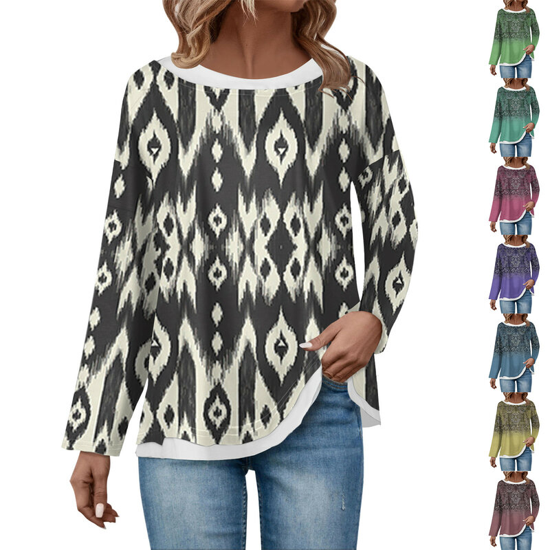 Женская блузка с длинным рукавом, Повседневная офисная рубашка с круглым вырезом и винтажным цветочным принтом, уличный пуловер, топы, весна 2024