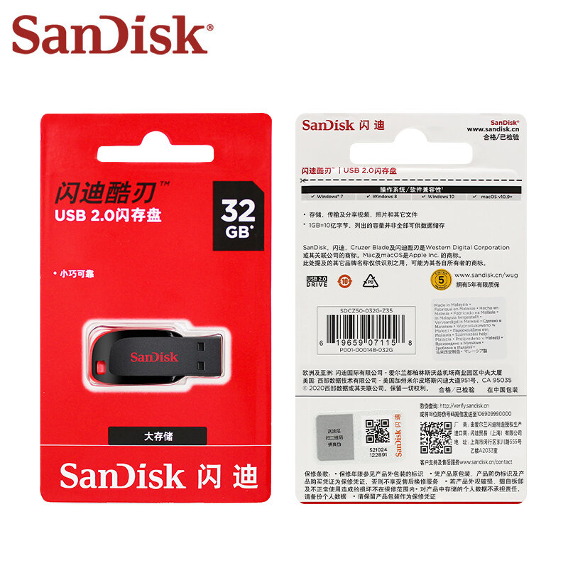 SanDisk-CZ50 USB 2.0 Flash Drive, Pen Drive, U Disco, Mini Flash Drive, Cruzer Blade Usb, 32GB, 16GB, 64GB, 100% Original