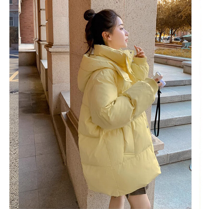 Jaket Parka wanita Korea, jaket Parka wanita warna polos untuk mode, hangat saku besar bertudung longgar kasual abrigo mujer musim dingin