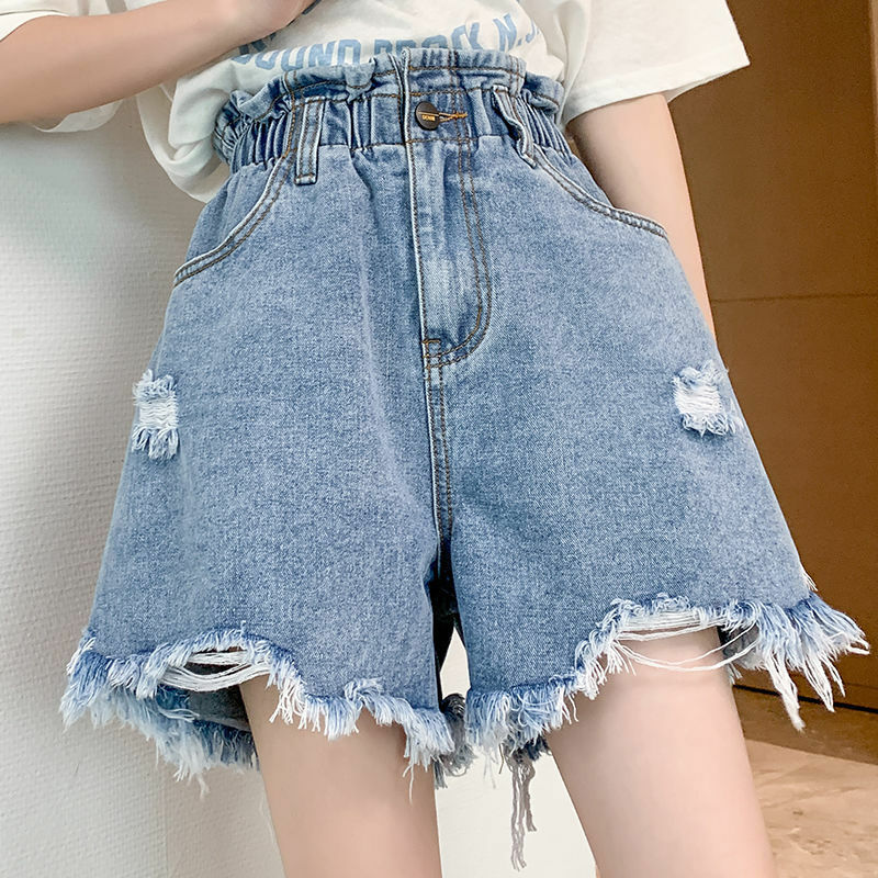 Large Size Perforated Denim Shorts for Women's Summer A-line Wide Leg Loose High Waist Slimming Fashion Shorts