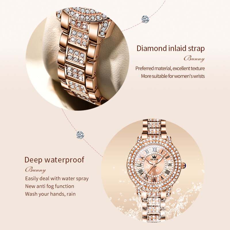Olevs original diamant uhr für damen mode elegante edelstahl wasserdichte quarz armbanduhr luxus damen kleid uhren