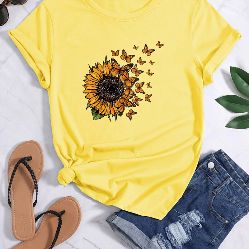 Kaus wanita lengan pendek, Kaus wanita elegan, baju pesta wanita, atasan leher bulat, pakaian modis longgar, motif kupu-kupu bunga matahari, elegan