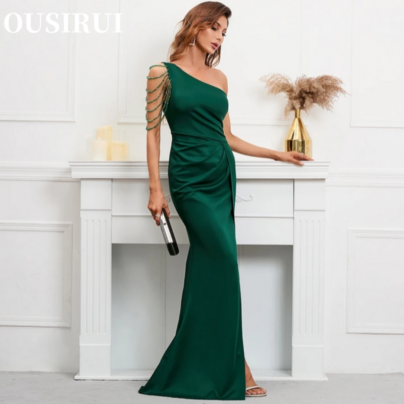 OUSIRUI женское сексуальное длинное платье с разрезом для выпускного вечера Вечернее платье с открытым плечом вырезом лодочкой бусинами искусственное платье макси вечернее платье 2024