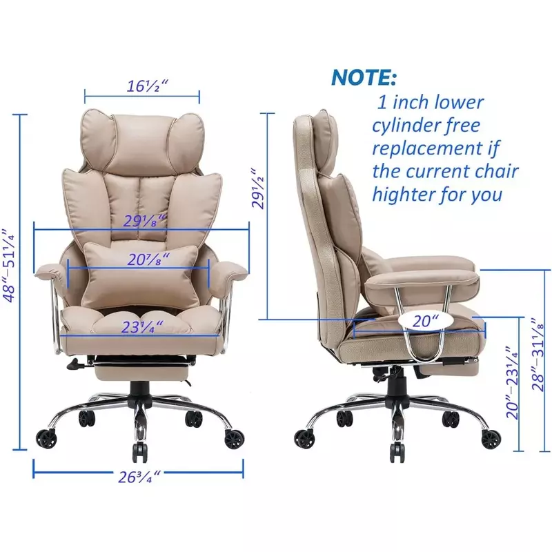 PU Leather Office Desk Chair com perna resto e apoio à cintura, cadeira alta do computador, bege escuro, 400lbs