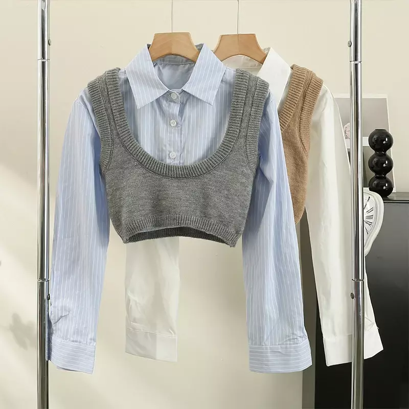 카와이 턴 다운 칼라 싱글 브레스트 크롭탑 셔츠 수트 및 조끼 니트 의상, 한국 패션 하이 스트리트 세트, 여성 2 피스 Y2k