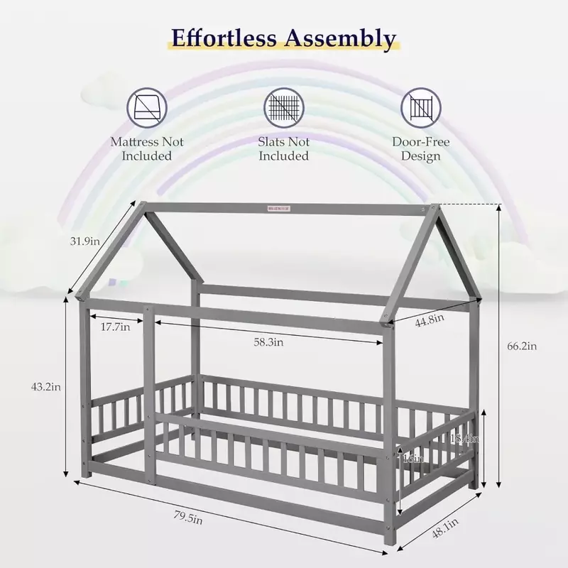 سرير أرضية مونتيسوري للأطفال مع مسند ذراع ، سرير منزل خشبي ، إطار سقف ، سرير مزدوج