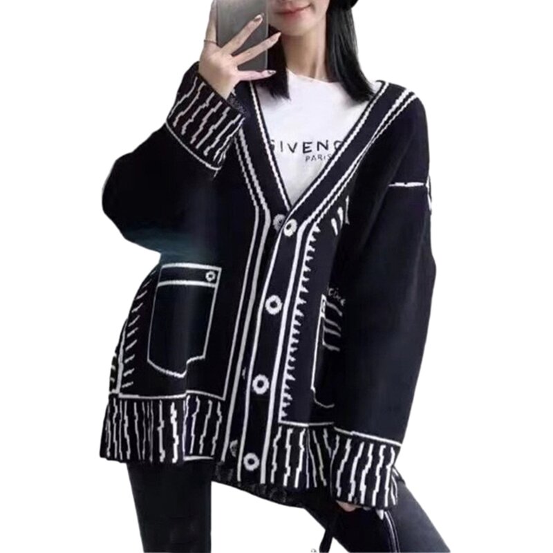 Cardigan lavorato a maglia abbottonato con scollo a V a maniche lunghe Donna Y2K Harajuku Stampa Cappotto maglione