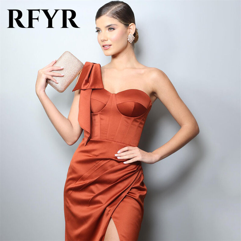 RFYR Burnt Orange Evening Dresses One Shoulder Party Dress Floor Lenght Satin Prom Gown Side Split Trumpet Vestidos De Noche
