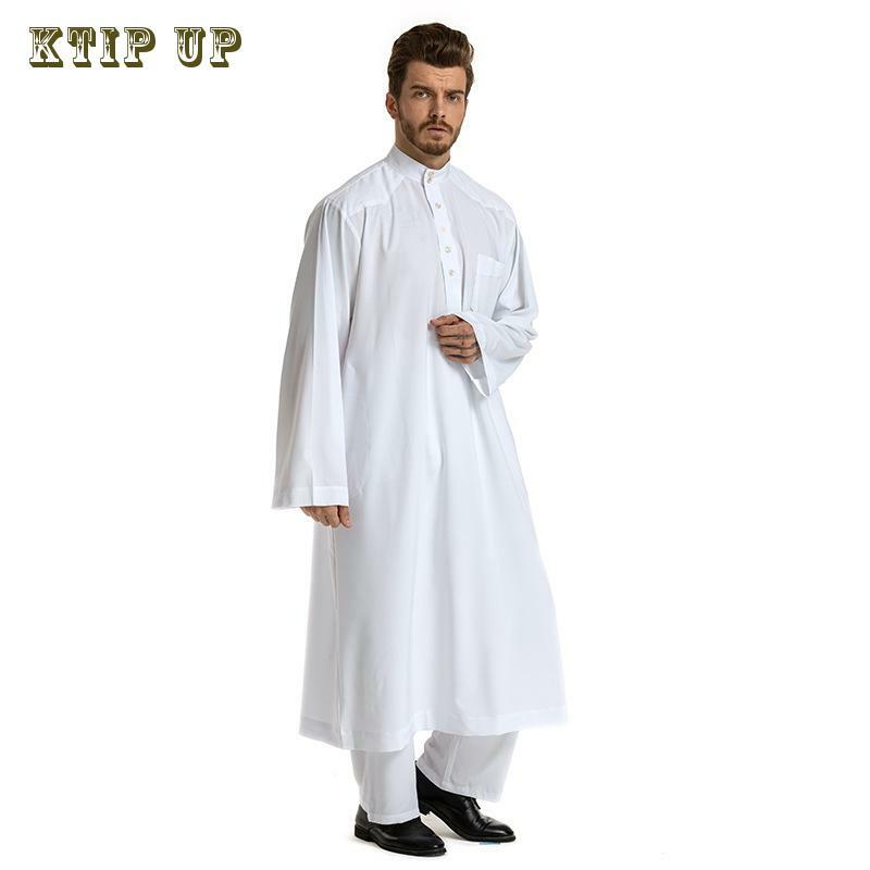 Gaun Pria Jubba Thobe Muslim Kain Tradisional Islami untuk Pria Set Celana Atasan Abaya Busana Tambal Sulam Kostum Doa Arab Saudi