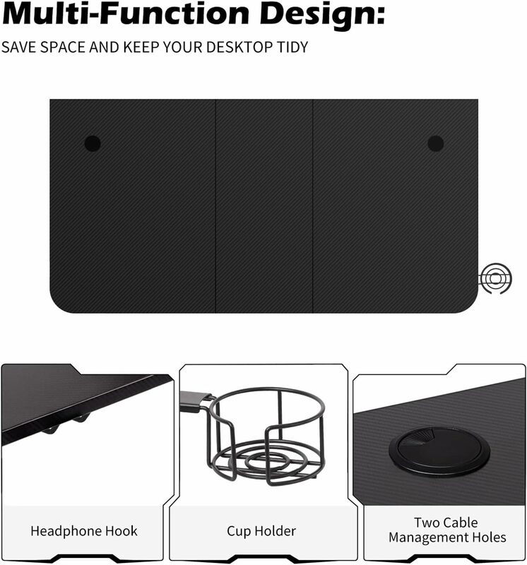 Gaming Desk Large Surface 63’’x31.5’’ with Cup Holder, Headphone Hook and Cable Management (Black)