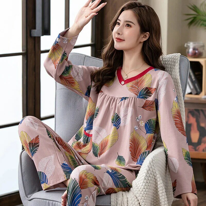 Conjuntos de pijamas feminino floral algodão completo moda rendas feminino manga longa pijamas terno 2 peça sexy outono casa salão presente xxxxl