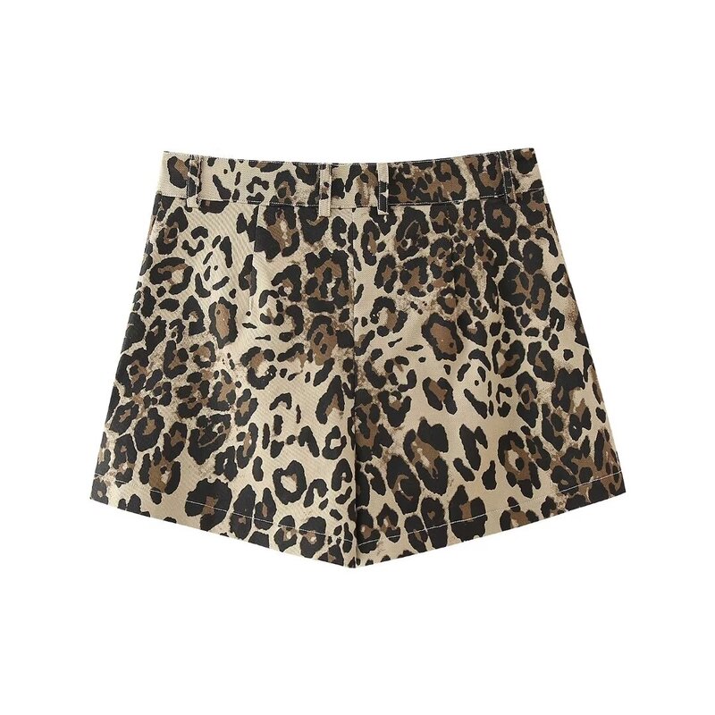 Trafza 2024 Sommer Frauen Vintage Leoparden muster Shorts Reiß verschluss Mini Shorts hohe Taille Knopf Hose weibliche Büro tragen Shorts