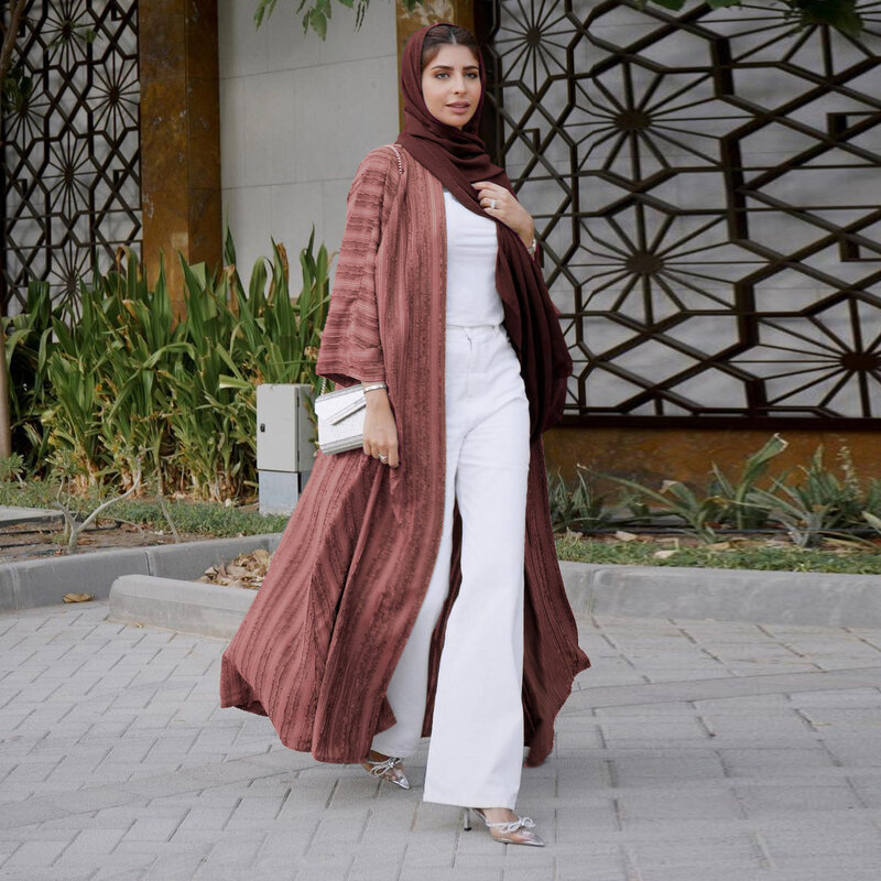 Muzułmańskie Kimono Abaya kobiety 2023 solidna pasiasta Retro etniczna luźny kardigan szata dubajska bliskowschodni saudyjska odzież Eid