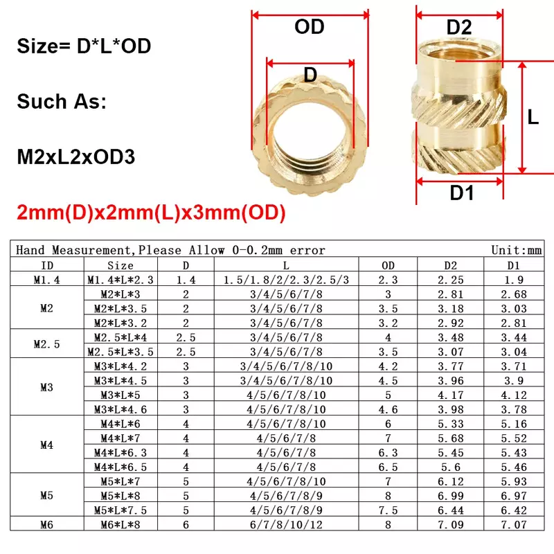 Tuerca de inserción de latón M5, inserto de cobre de inyección moleteada de calor, impresión 3D, placa de plástico, M2, M2.5, M3, M4, M6