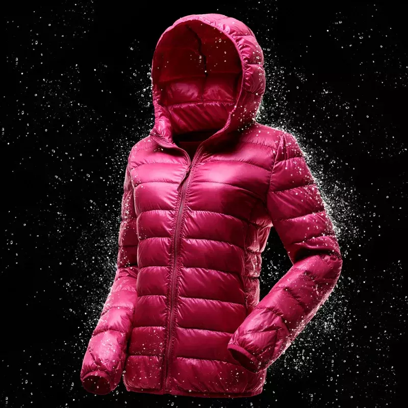 Jaket Puffer pendek bertudung wanita, jaket hangat Ultra ringan musim gugur musim dingin 2023 ukuran baru 90%