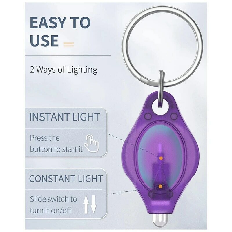 Mini linterna LED UV con llavero, Kit de antorcha fluorescente alimentada por batería, Detector de luz púrpura portátil de 10 lúmenes, paquete de 20