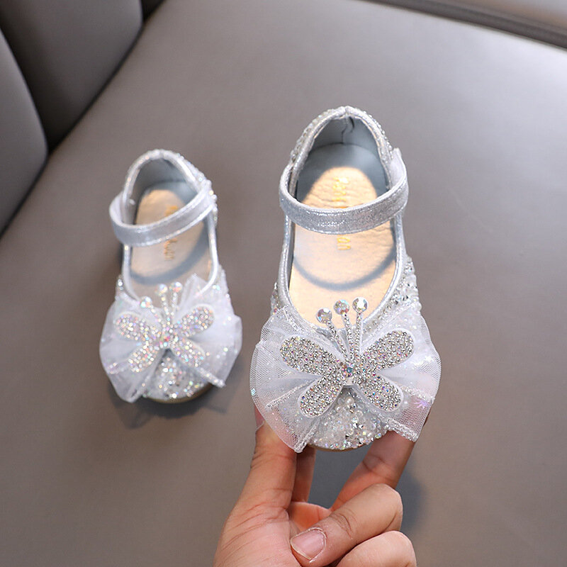 Sapatos Mary Jane para meninas, Sapatos rasos para crianças, Sapatos de strass borboleta princesa, Festa e casamento, moda infantil